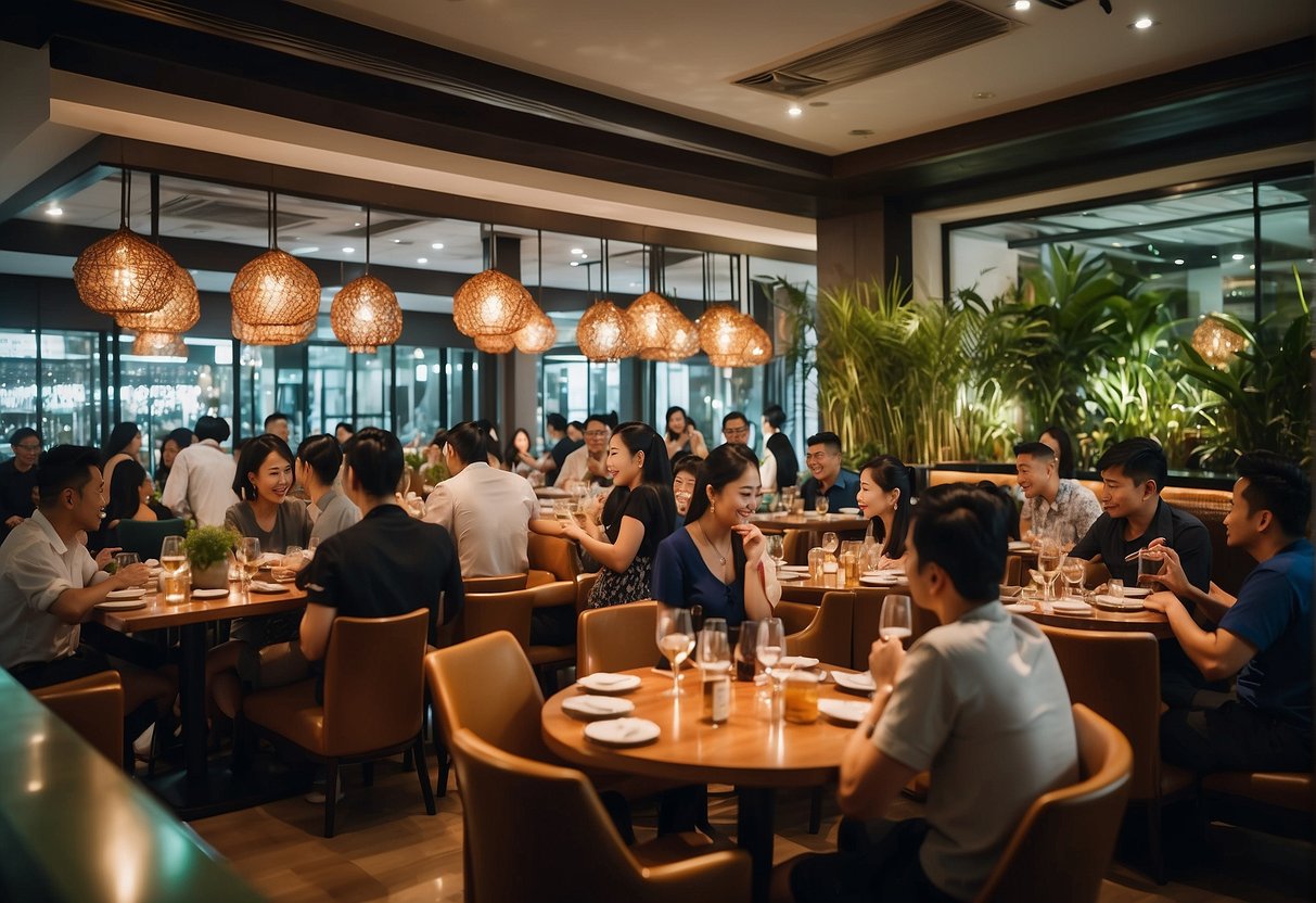 A busy restaurant with a vibrant atmosphere, filled with customers enjoying Crystal Jade promotions in Singapore