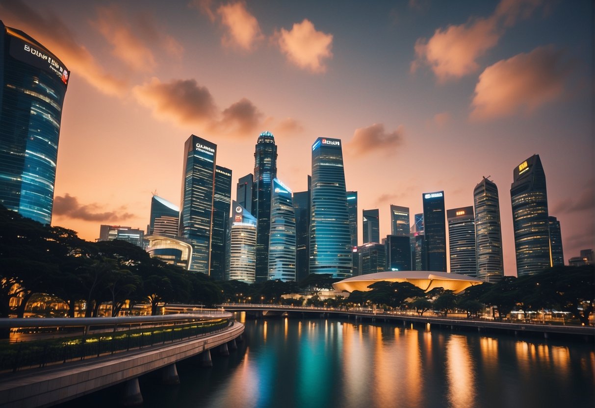 A vibrant cityscape with iconic Singapore landmarks and the Blum Promotions logo prominently displayed