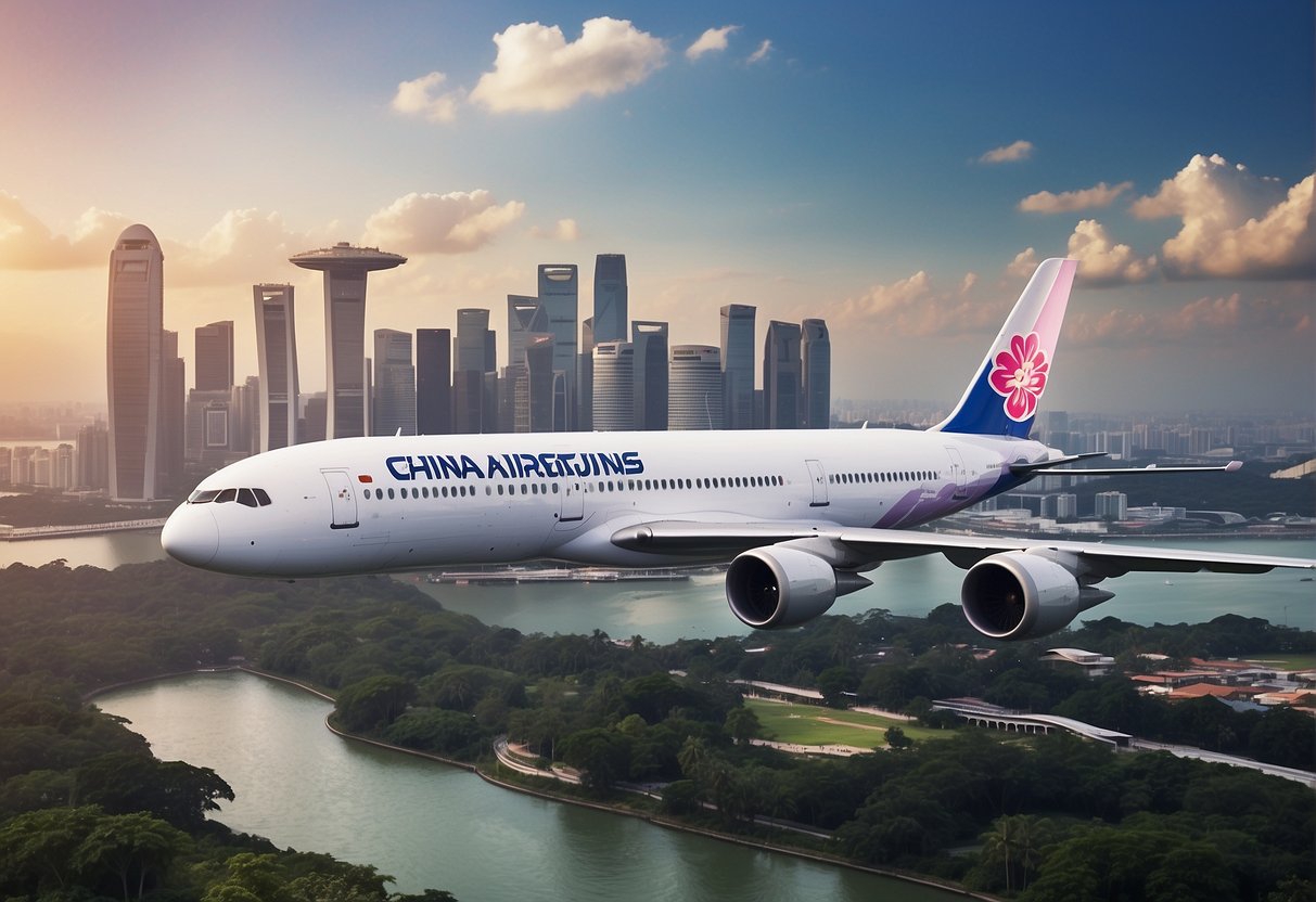 A China Airlines plane flying over the iconic skyline of Singapore, with the city's famous landmarks in the background