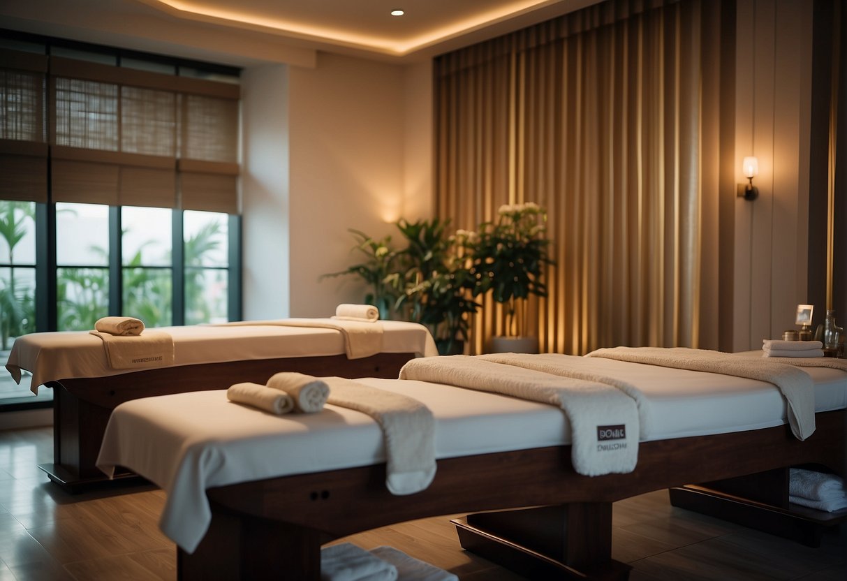 A serene spa room with two massage tables, soft lighting, and calming music. A sign advertises couple massage promotions in Singapore