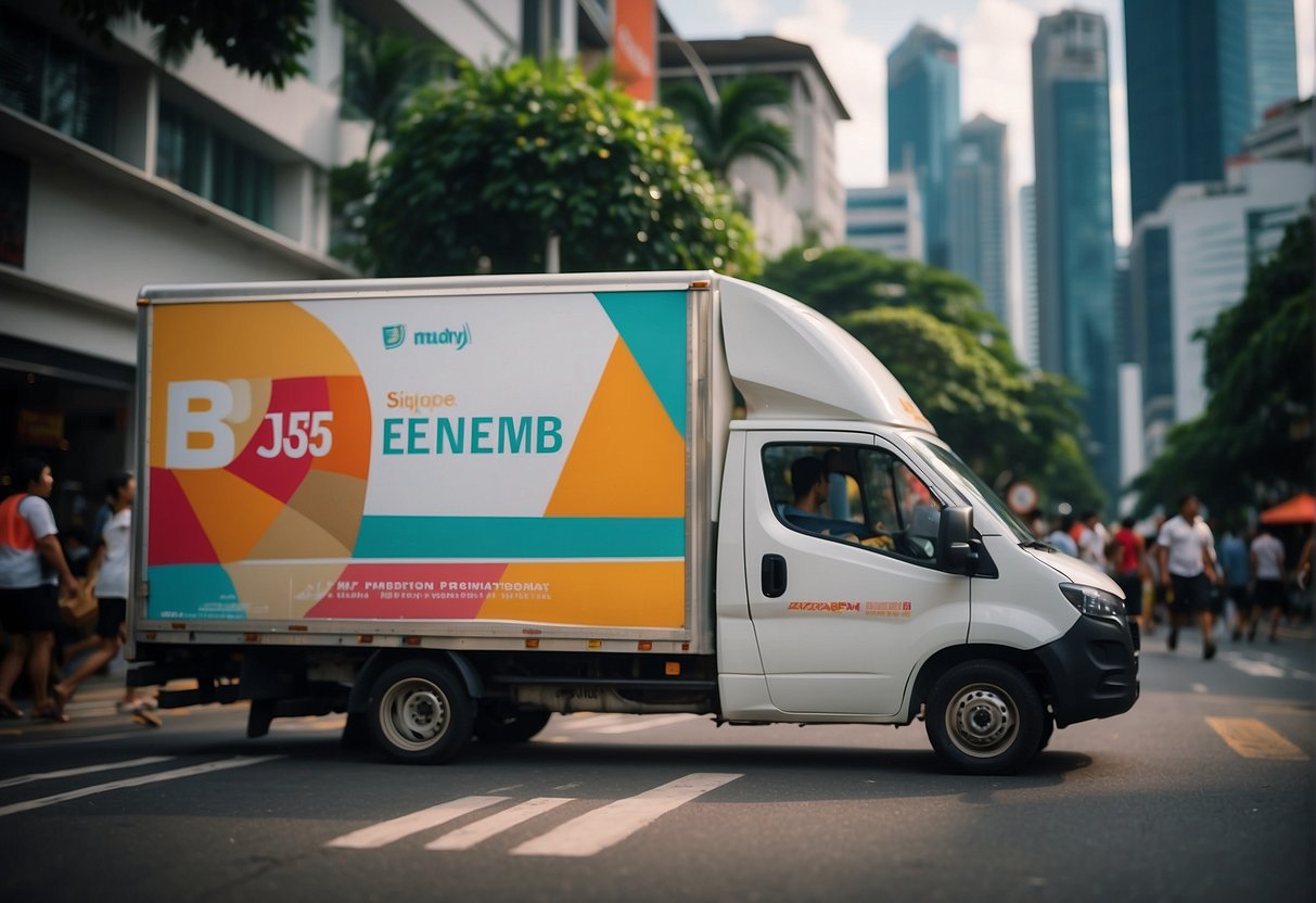 A delivery truck with promotional signage drives through a bustling Singapore street, surrounded by colorful buildings and busy pedestrians