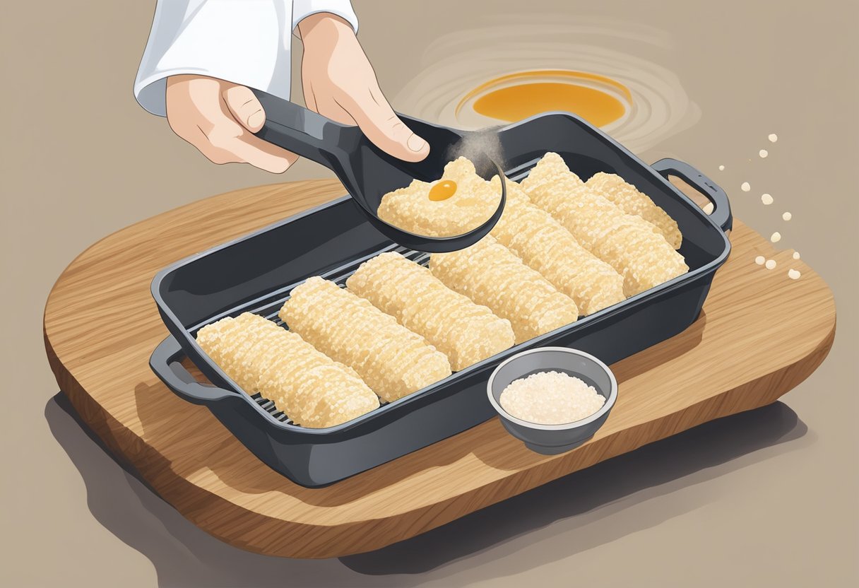 A hand is seen mixing fish paste with starch and seasoning to create chikuwa fish cake batter. The mixture is then shaped into long tubes and grilled until golden brown