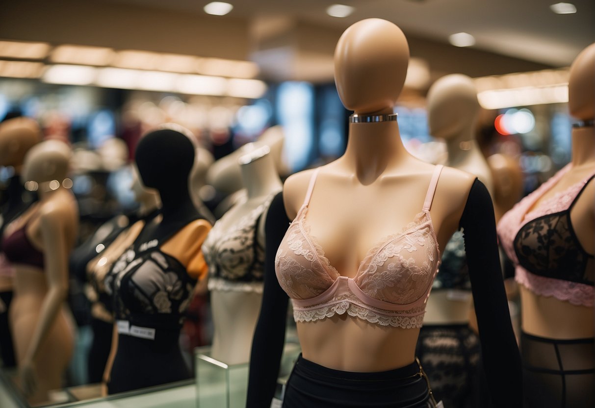 A display of various lingerie bras with promotional signs in a Singaporean store
