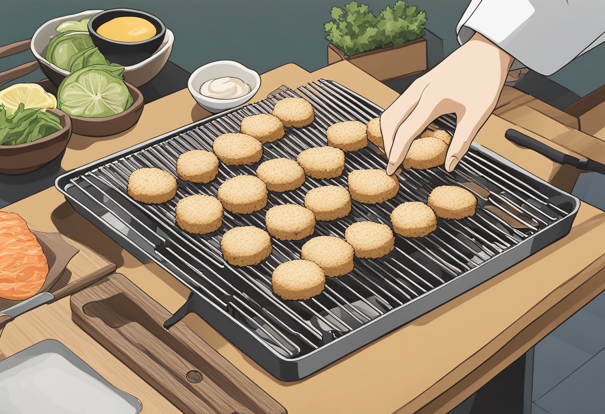 Chikuwa fish cakes being sliced and seasoned before grilling