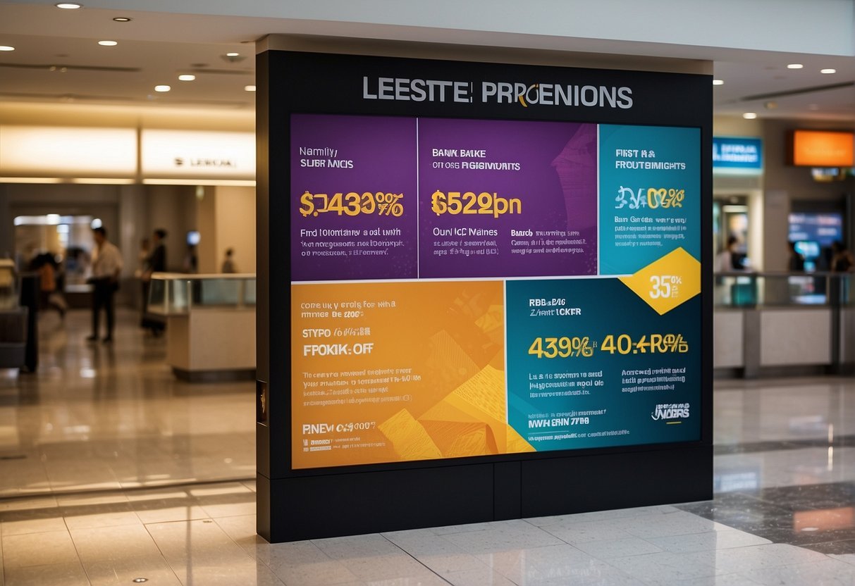 A vibrant promotional banner displays "Latest Deposit Promotions Starting in 2024" at a public bank in Singapore. The bank's logo is prominently featured, and the text is bold and eye-catching
