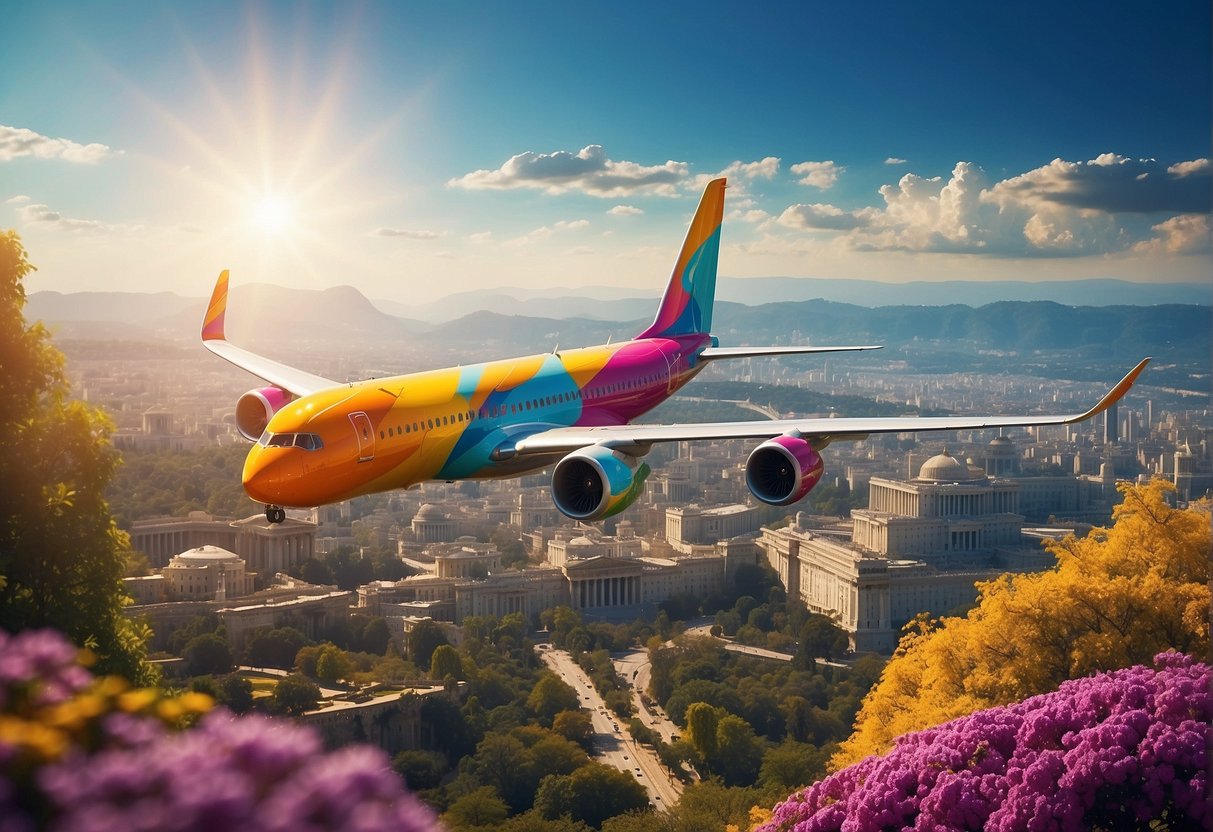 A colorful airplane flying over iconic landmarks with "Exclusive Deals for Exciting Destinations" banner in the sky