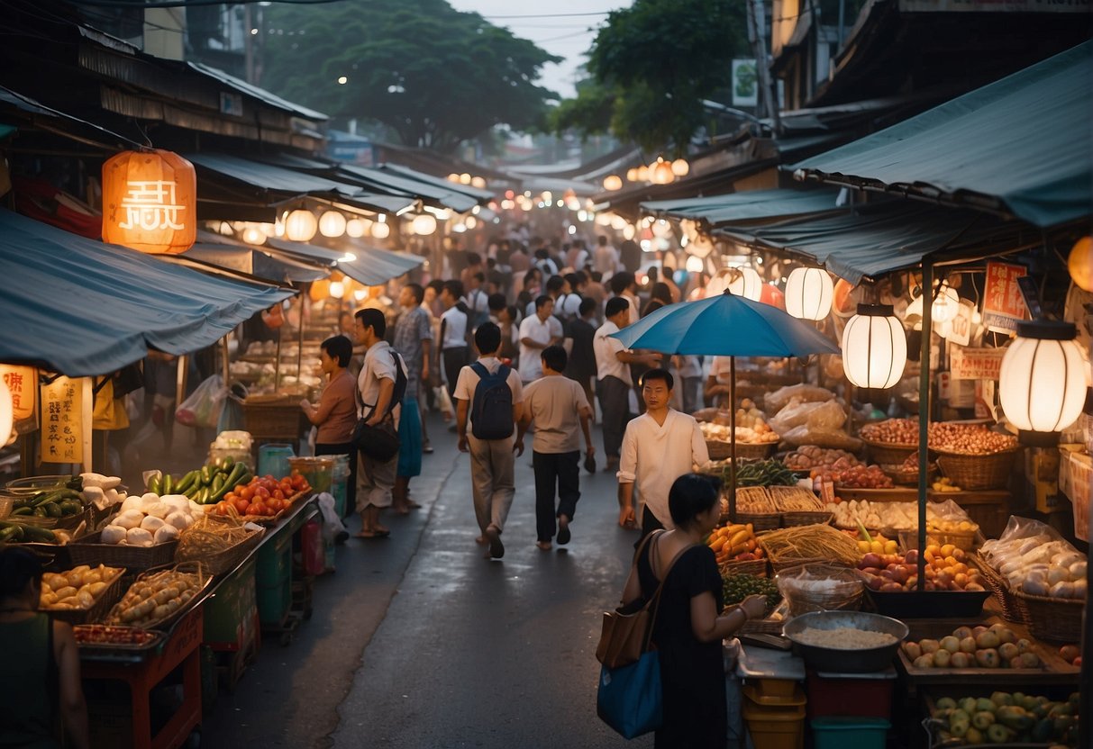 A bustling street market with colorful promotional signs and banners for Phuket and Singapore. Crowds of people browsing and vendors selling goods