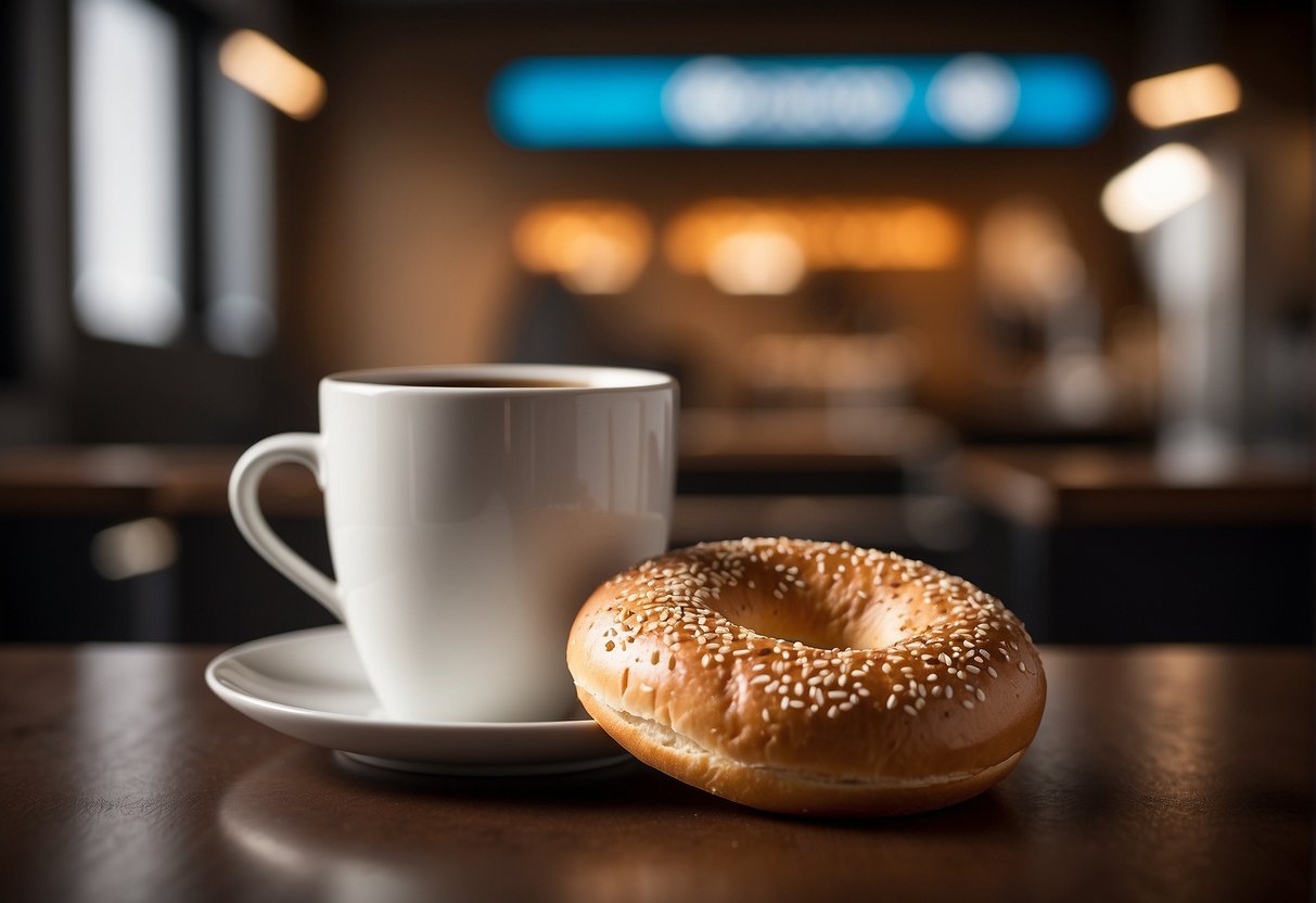 A coffee cup and a bagel sit side by side, with a promotional banner for Coffee Meets Bagel in the background