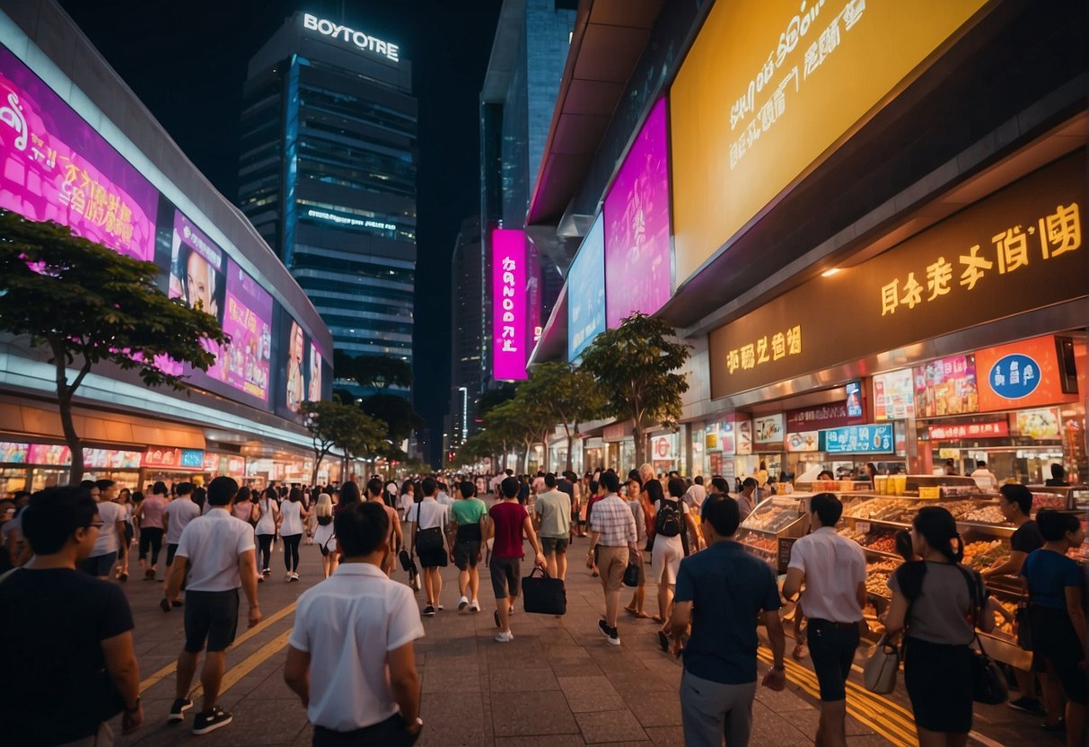 A bustling city street with bright, colorful signs promoting sales and discounts in Singapore. Pedestrians walk by, while the vibrant displays catch their attention