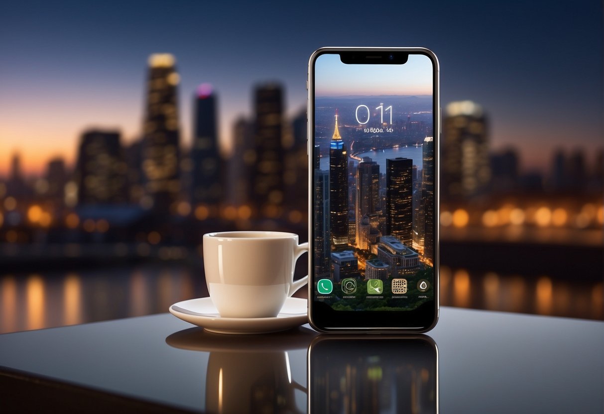 A smartphone displaying top dating apps of 2024 with Coffee Meets Bagel promotions, set against a modern cityscape backdrop