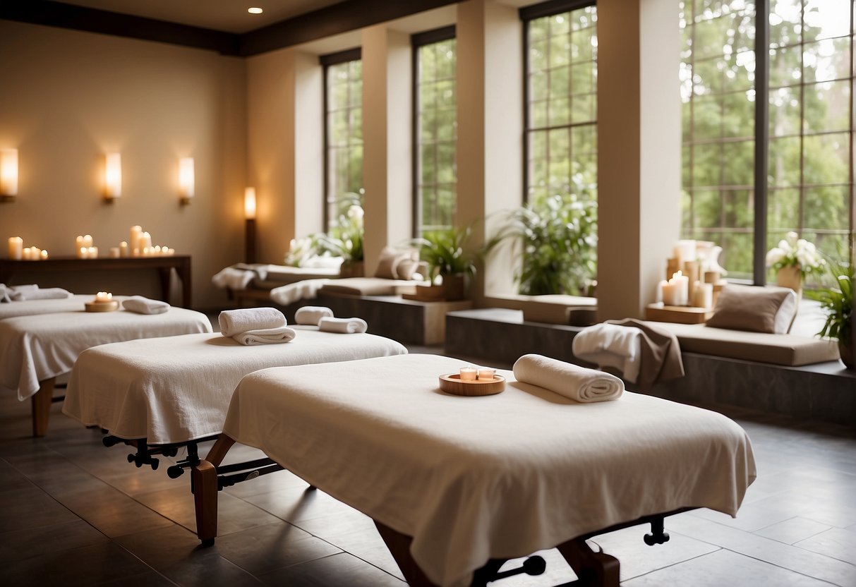 A tranquil spa setting with two massage tables, soft lighting, and serene decor. A sign displays "Rejuvenating Offers: Best Deals for Wellness Seekers."