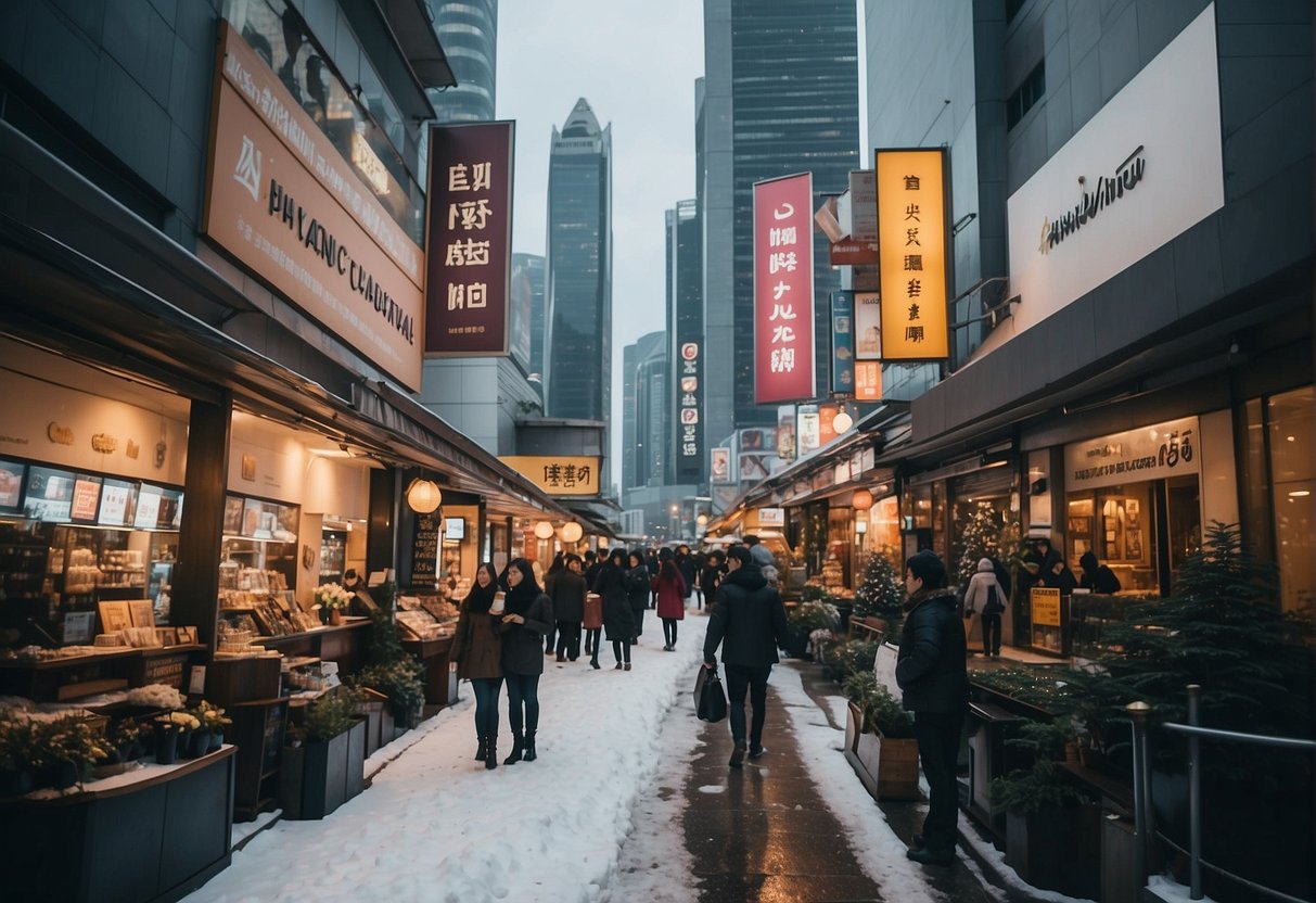 A bustling city street covered in snow with promotional signs and banners displayed outside of various businesses in Singapore