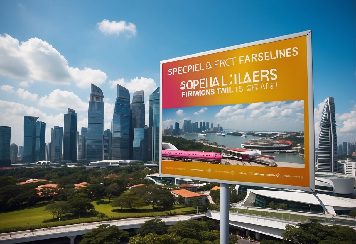 A colorful banner with "Special Fares Airlines Promotions Singapore" displayed against a backdrop of iconic Singapore landmarks and a bright blue sky