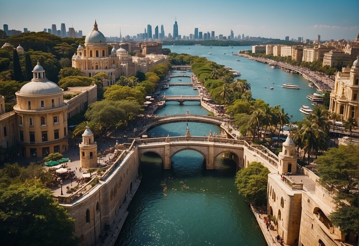 A vibrant cityscape with iconic landmarks, bustling streets, and colorful markets, surrounded by lush greenery and sparkling waterfronts
