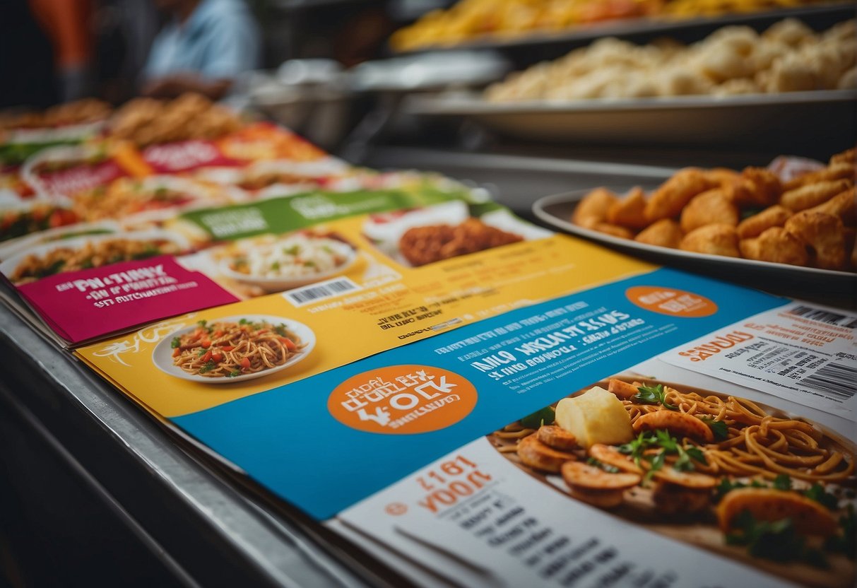 A colorful array of food delivery flyers and discount banners, displayed prominently in a bustling Singapore marketplace