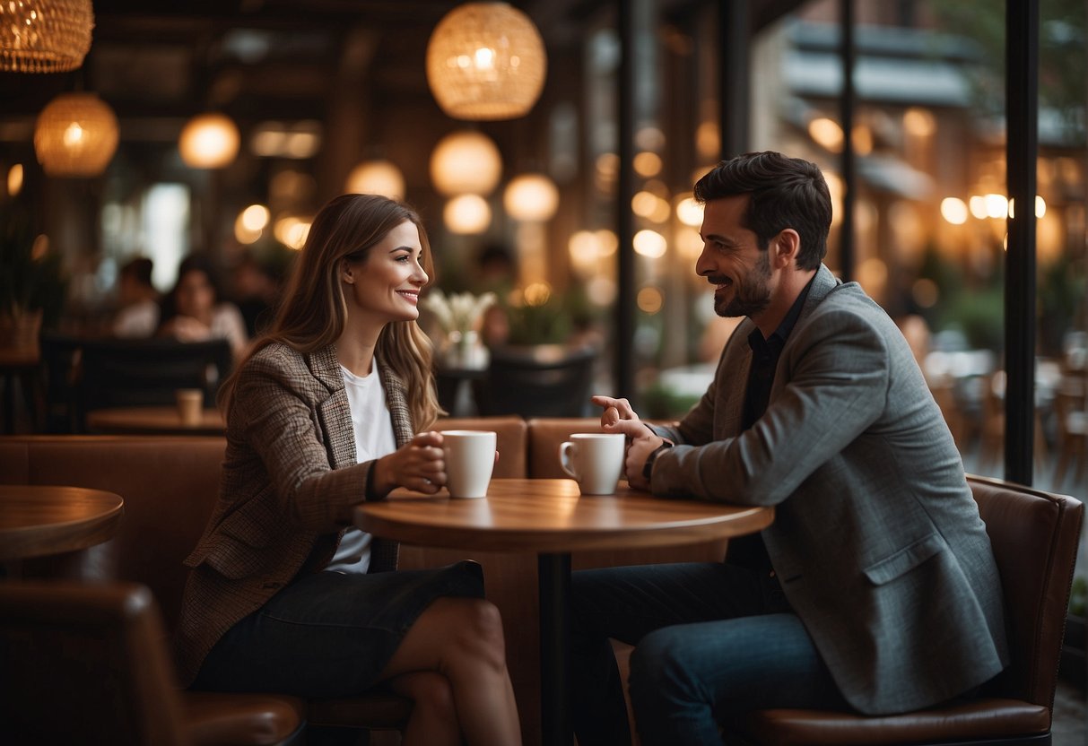 A couple sits at a cozy cafe, sipping coffee and engaging in conversation. The atmosphere is relaxed and intimate, with warm lighting and comfortable seating