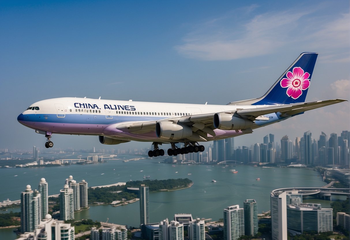 A vibrant China Airlines plane soars over the iconic Singapore skyline, with the text "Advantageous Asia Travel Offers" prominently displayed