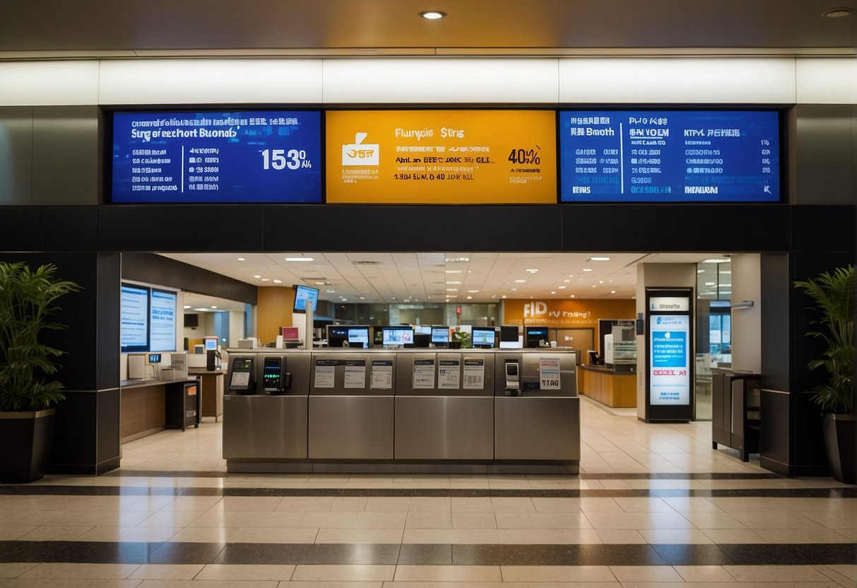 A bustling bank branch with signs advertising investment alternatives and savings bond promotions. Customers inquire about public bank fixed deposit options in Singapore