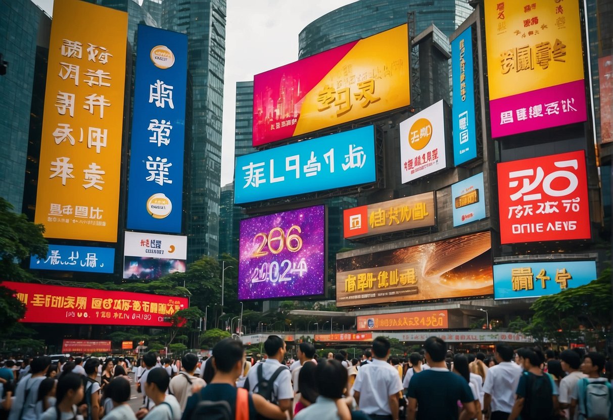 Colorful banners and signs with bold lettering promoting 2024 deals and discounts in Singapore. Excitement and energy radiate from the vibrant display