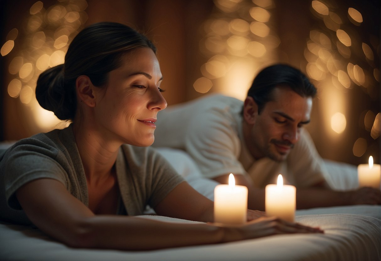 A couple enjoying a relaxing massage together in a tranquil spa setting, surrounded by soft lighting and soothing music