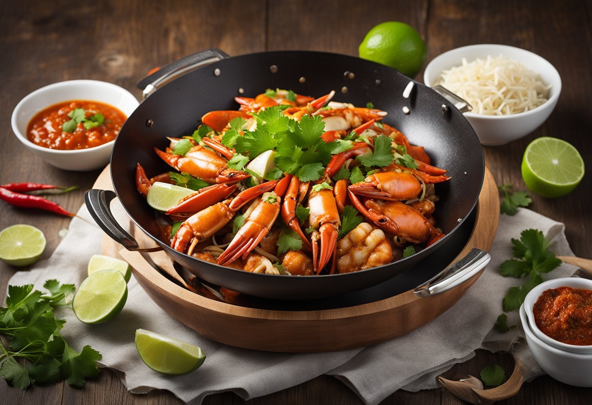 A large wok sizzles with red chili sauce, crab claws and shells, and aromatic spices, surrounded by fresh cilantro and sliced limes