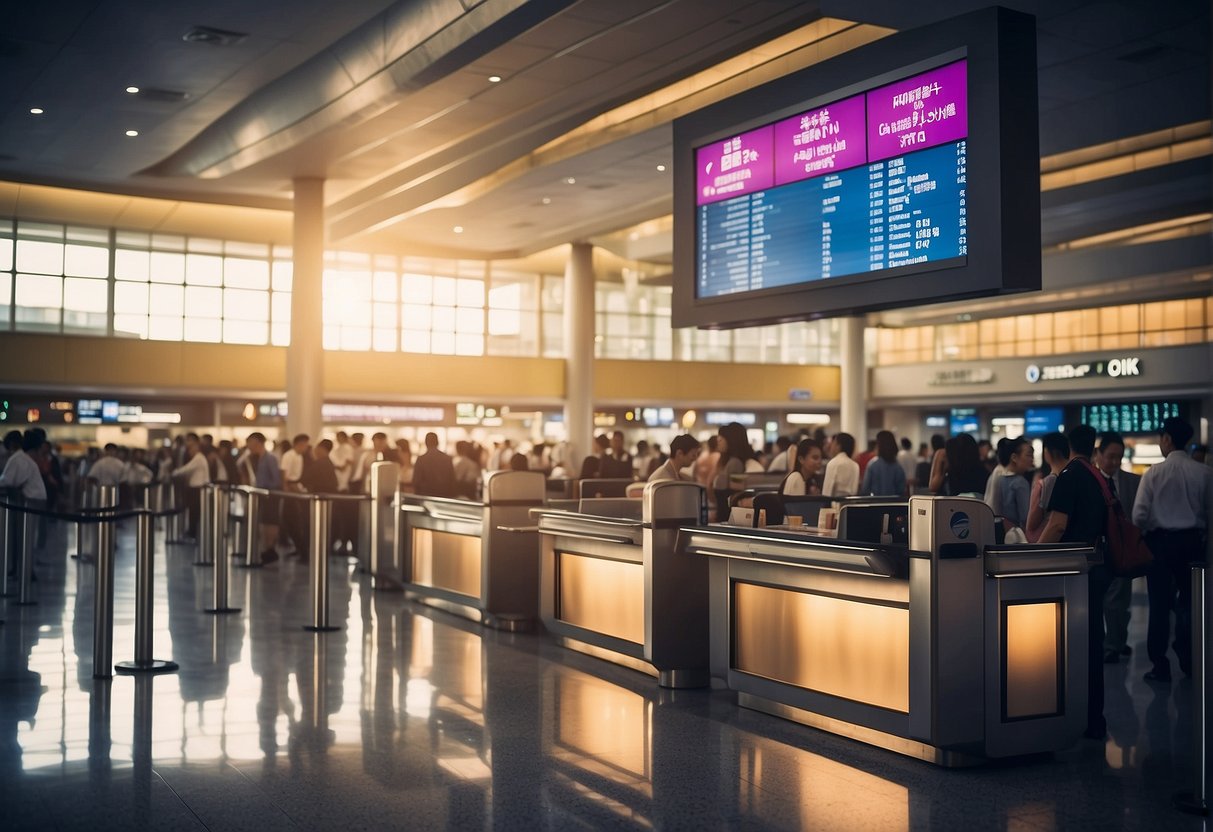A crowded airport check-in counter with a prominent "Frequently Asked Questions" sign above, and a display of China Airlines and Singapore promotions