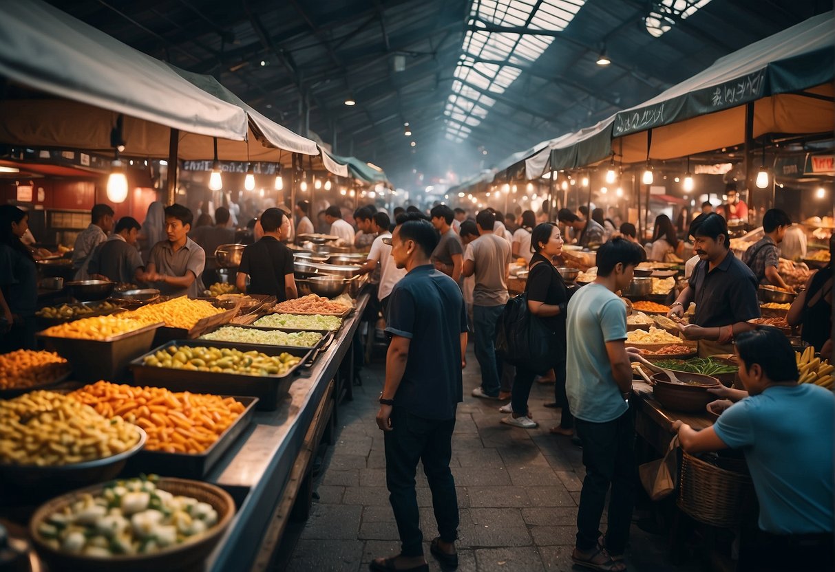 A bustling food market with colorful stalls offering a variety of global cuisines, surrounded by eager customers sampling different dishes