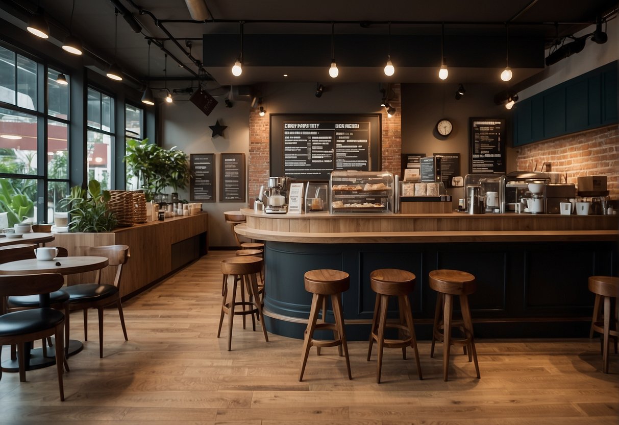 A bustling coffee shop with a prominent "Frequently Asked Questions" display, surrounded by promotional materials for Coffee Meets Bagel in Singapore