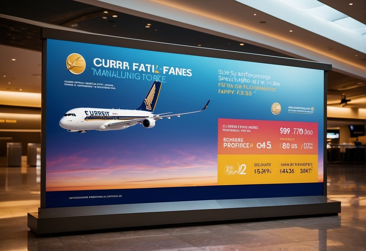 A colorful banner displaying "Current Promotions Special Fares" for Singapore airlines, with eye-catching graphics and bold text