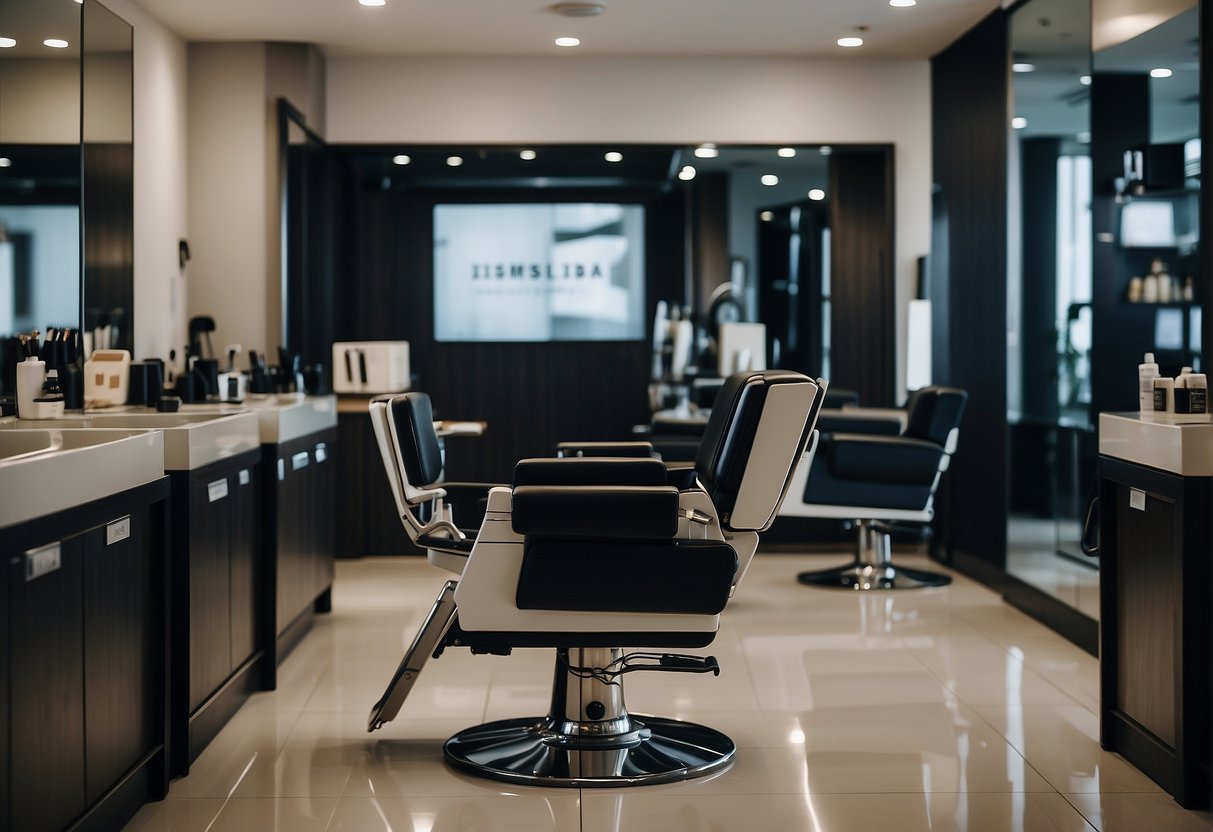 A salon setting with a digital perm machine and promotional signage in Singapore