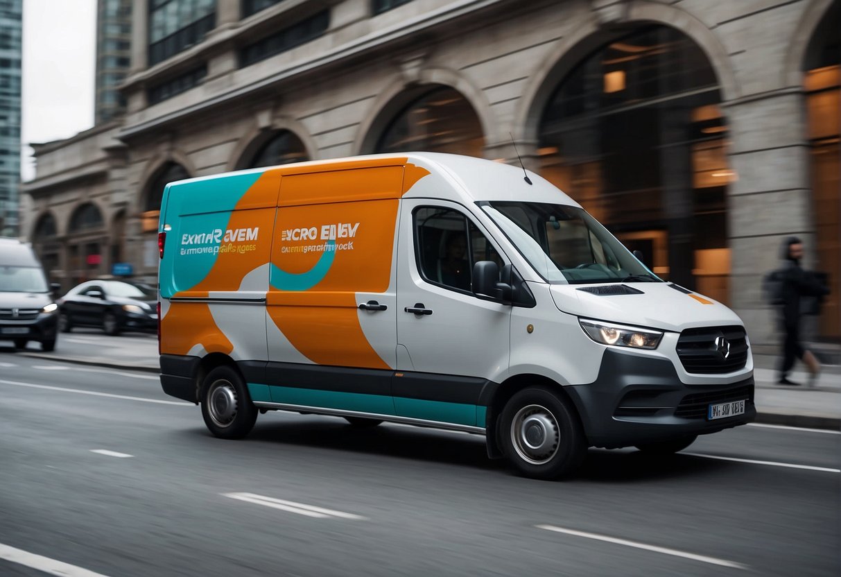 A sleek, modern courier van speeds through a bustling city, adorned with bold, eye-catching promotional graphics. The vehicle exudes efficiency and reliability, promising swift delivery services to eager customers