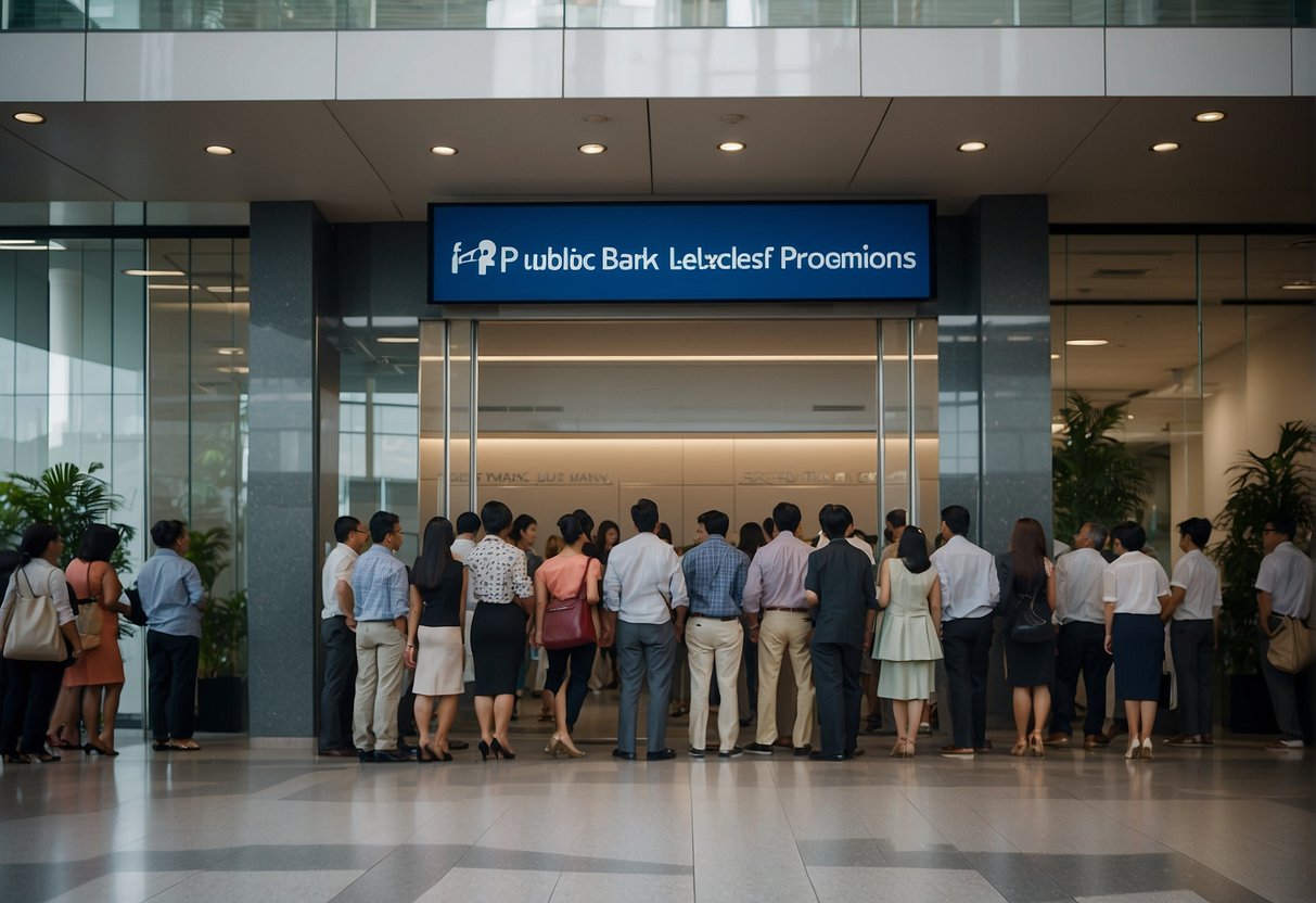A crowd of people stand in line at a bank, reading a sign that says "Frequently Asked Questions: Public Bank Fixed Deposit Promotions Singapore." The bank interior is visible through the glass doors