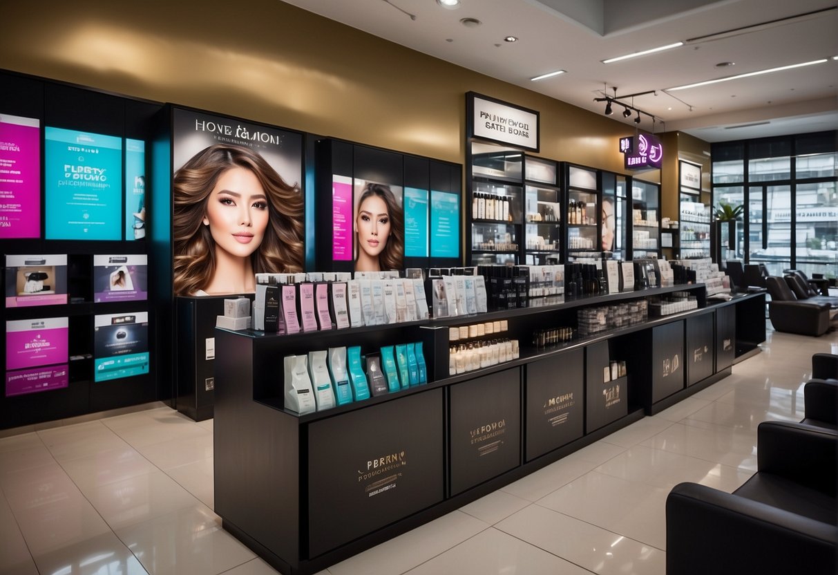 A salon display of digital perm promotions in Singapore, with vibrant posters and trendy hair products showcased on modern shelves
