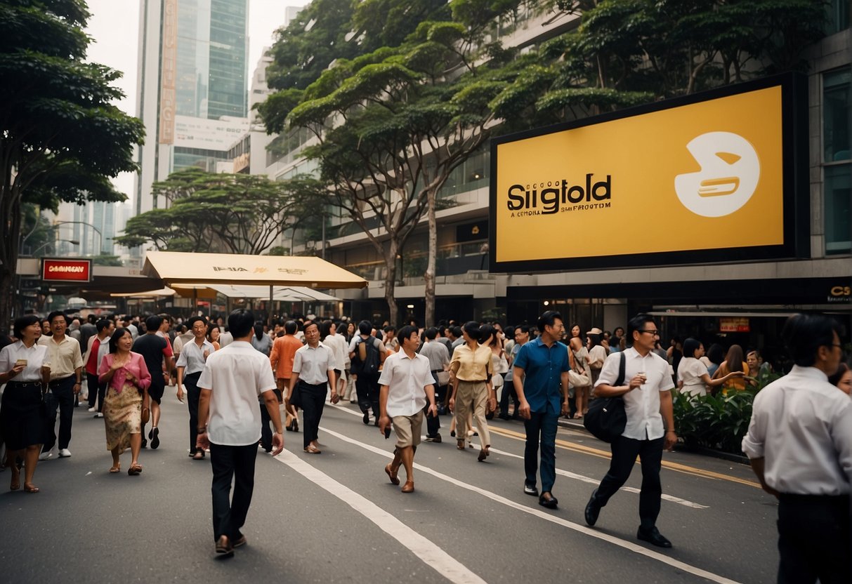 A bustling city street with a prominent Citigold Singapore promotion sign, surrounded by curious onlookers and potential customers