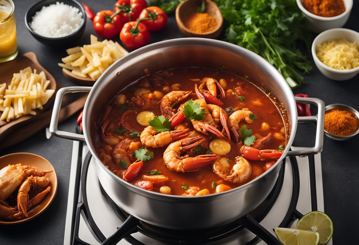 A pot of boiling crab chili simmers on the stove, surrounded by fresh ingredients and spices ready to be added