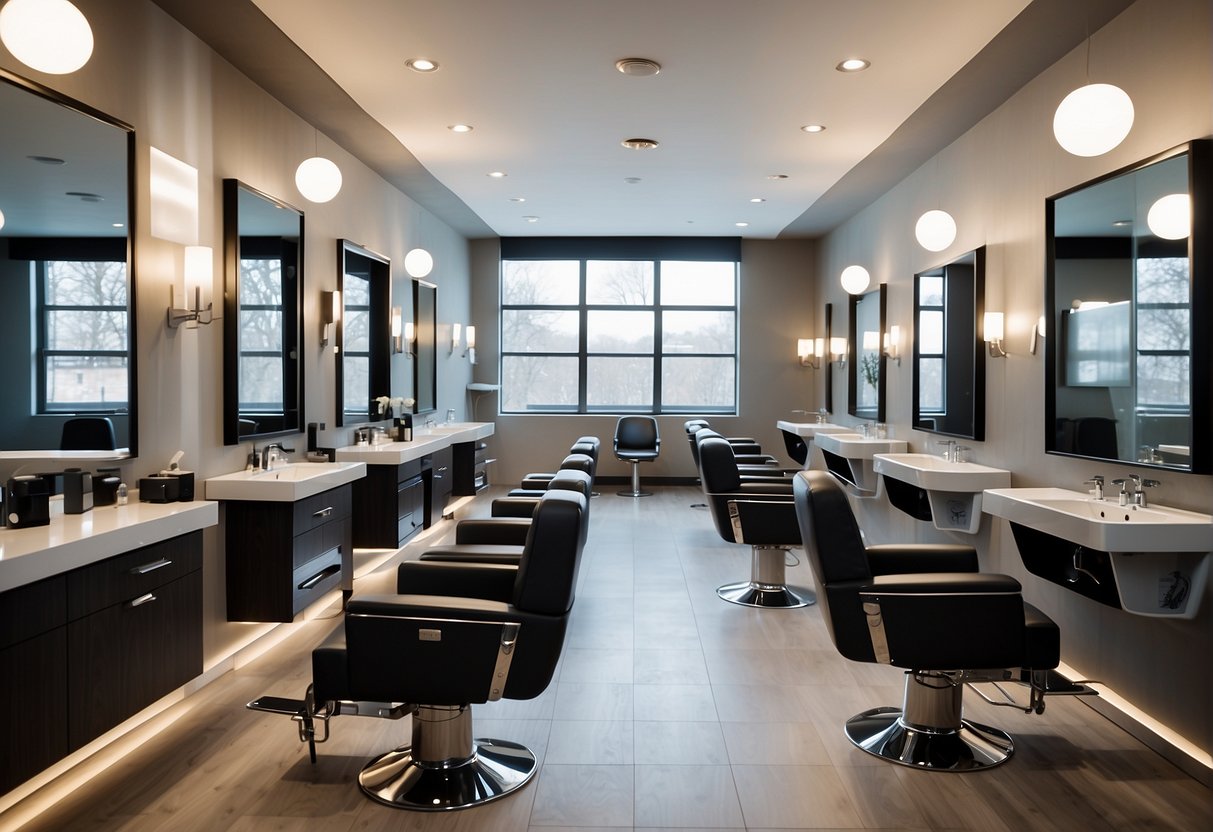 A spacious and modern salon with sleek, minimalist decor. Stylish chairs and mirrors line the walls, while a row of state-of-the-art digital perm machines sits ready for use