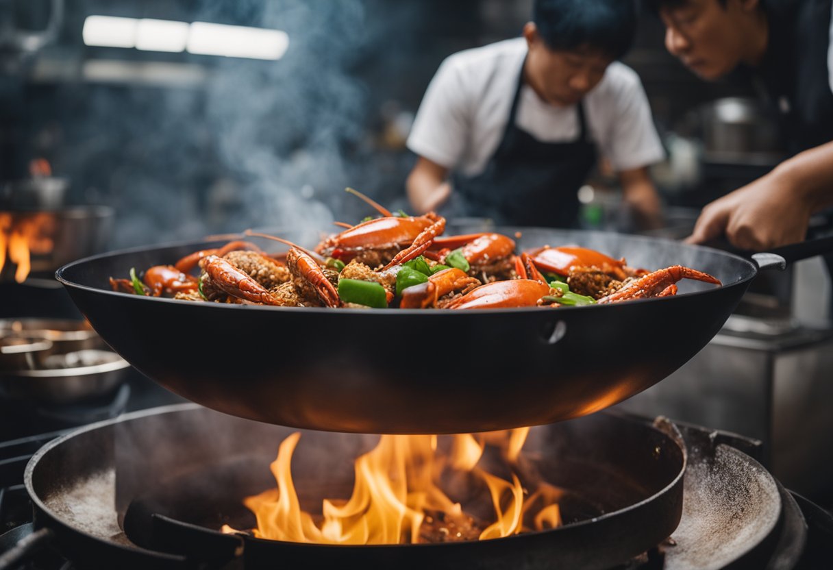 A large wok sizzles with red chili sauce, stir-frying whole crabs and aromatic spices over a high flame