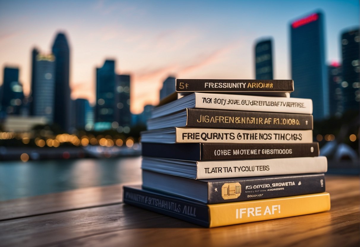 A stack of promotional materials with "Frequently Asked Questions" text, surrounded by Singaporean landmarks