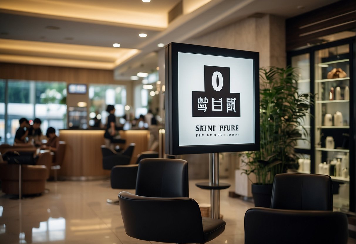 A digital perm promotion sign displayed prominently in a busy Singapore salon, with customers in the background