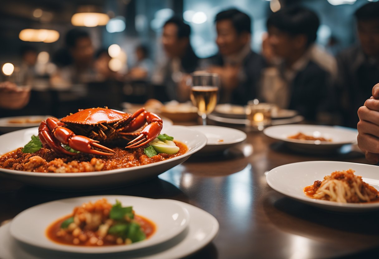 A steaming hot chili crab dish surrounded by empty plates and satisfied diners