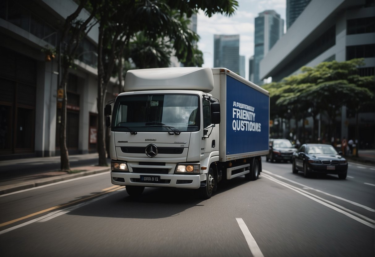 A delivery truck with a "Frequently Asked Questions" banner drives through the streets of Singapore, passing by iconic landmarks and bustling city scenes