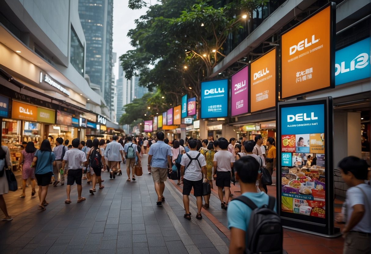 A bustling street in Singapore, with colorful banners and signs promoting Dell products. People are seen stopping to check out the latest promotions