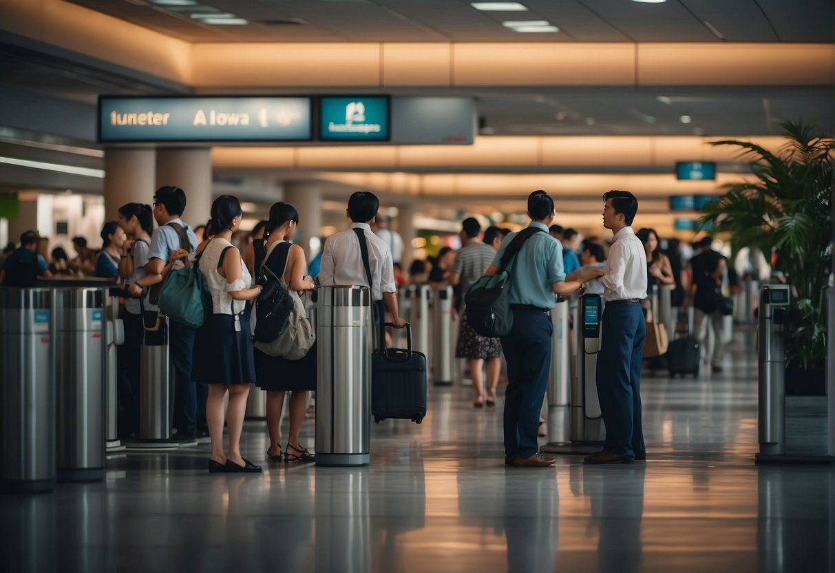 Passengers flock to airline ticket counters, eager to inquire about special fares, promotions, and frequently asked questions in bustling Singapore