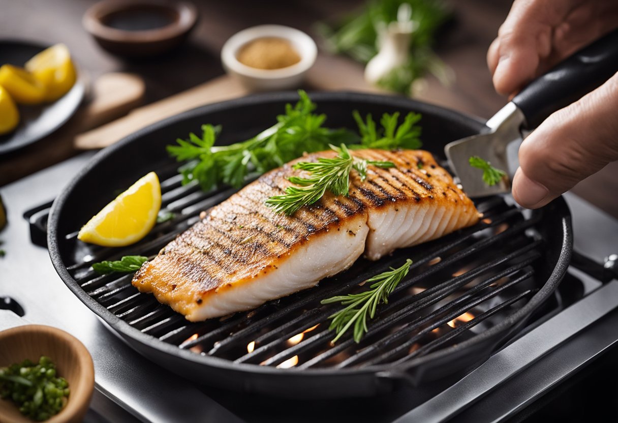 A fish fillet is being seasoned with herbs and spices, then placed on a hot grill. The cook flips the fish with a spatula, ensuring it cooks evenly