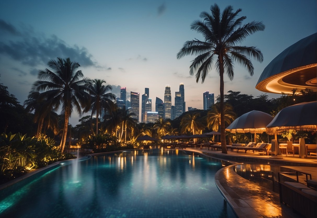 A tropical island with palm trees, a luxurious resort, and a sparkling pool, surrounded by vibrant city lights and iconic landmarks in Singapore