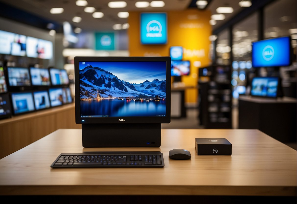 A vibrant display of Dell products with promotional signage and logos in a retail setting