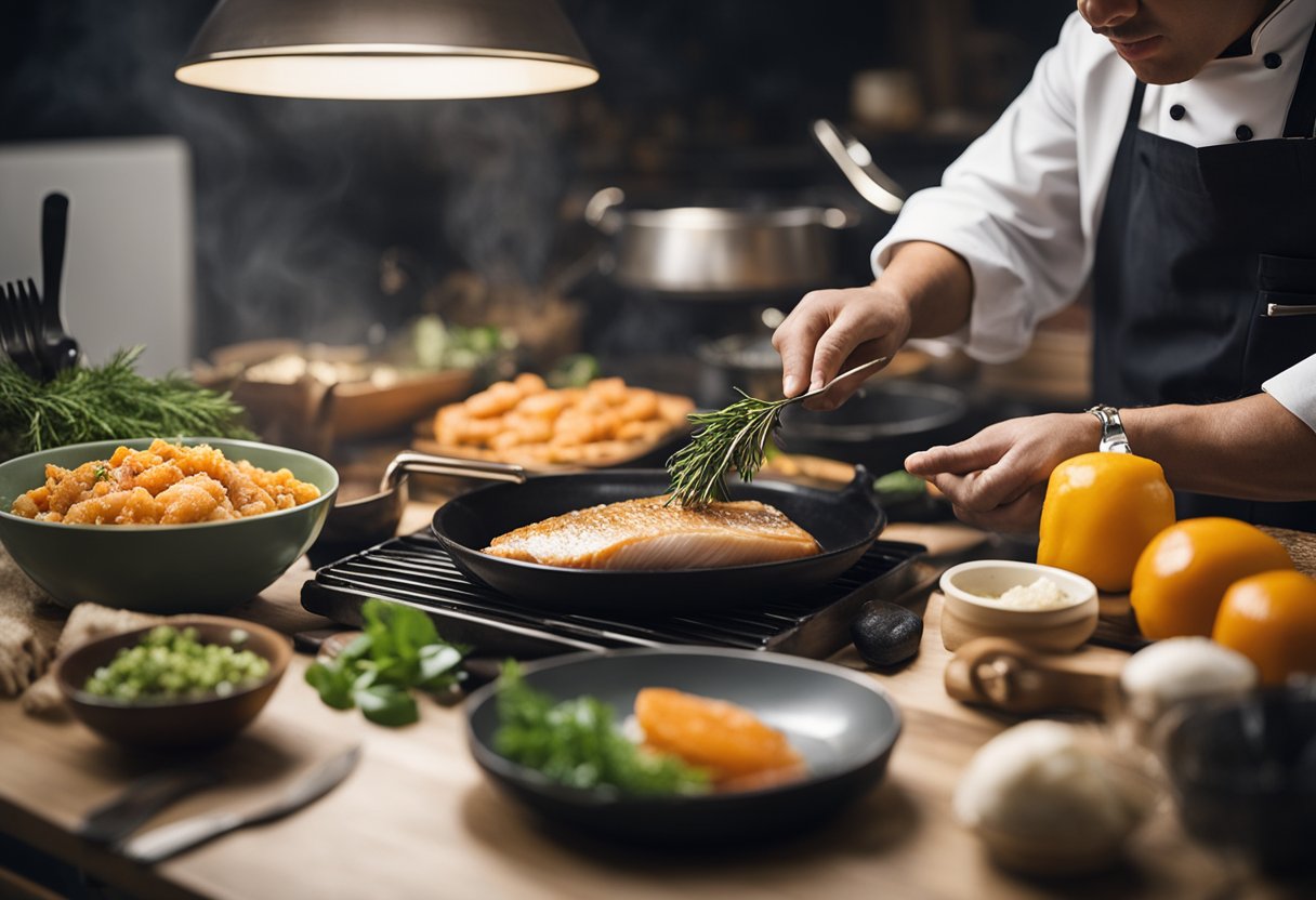 A chef prepares a char fish recipe, surrounded by various ingredients and cooking utensils