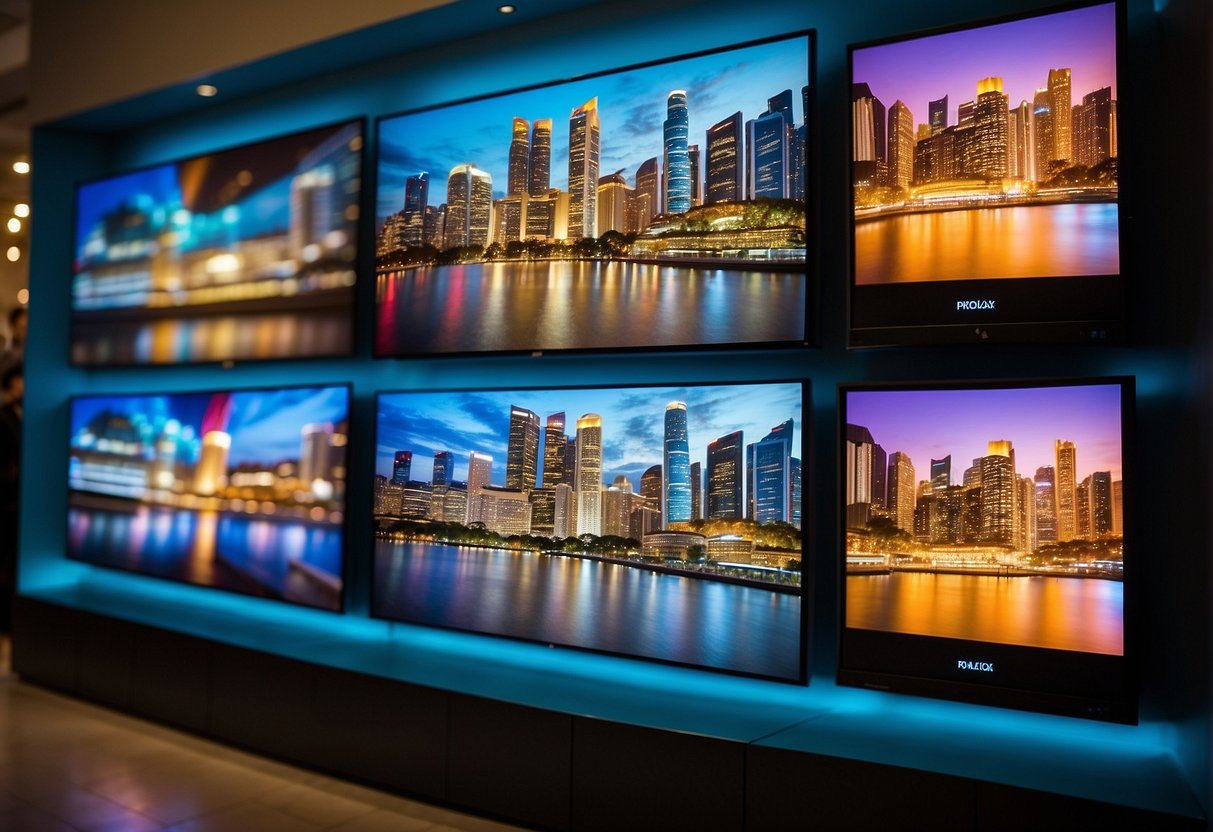 Colorful digital TV promotions displayed on screens in Singapore