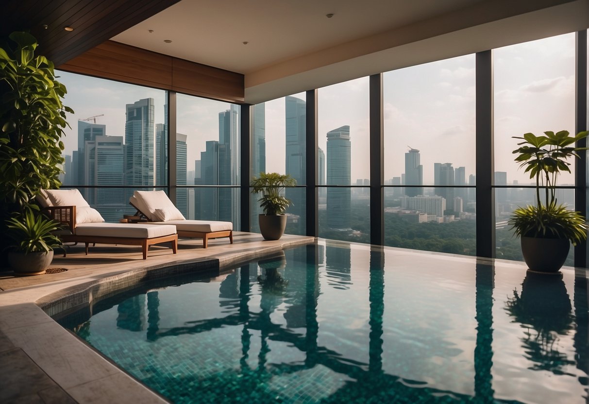 A luxurious hotel room with a stunning city view, a sparkling pool, and a relaxing spa, all surrounded by lush greenery in Singapore