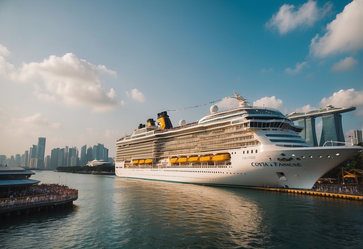 A vibrant, bustling cruise ship docked in the port of Singapore, with colorful banners and signs promoting Costa Cruises fluttering in the breeze